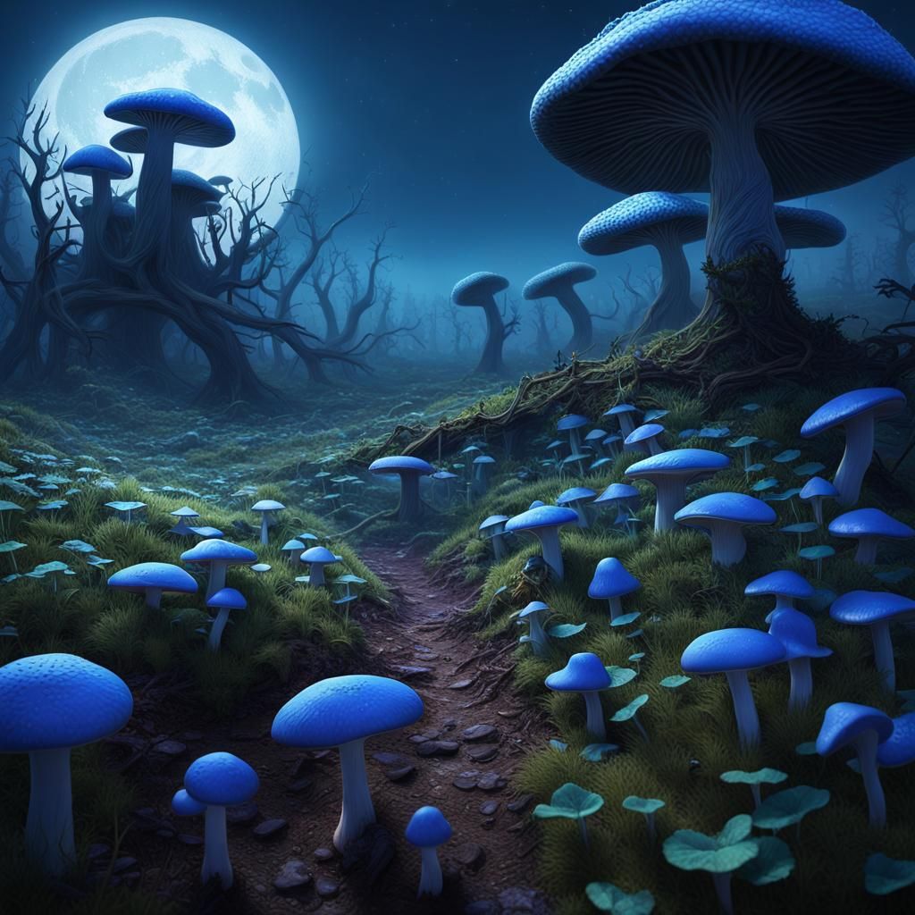 Blue Fluorescent Mushroom Field with Magician Shadow