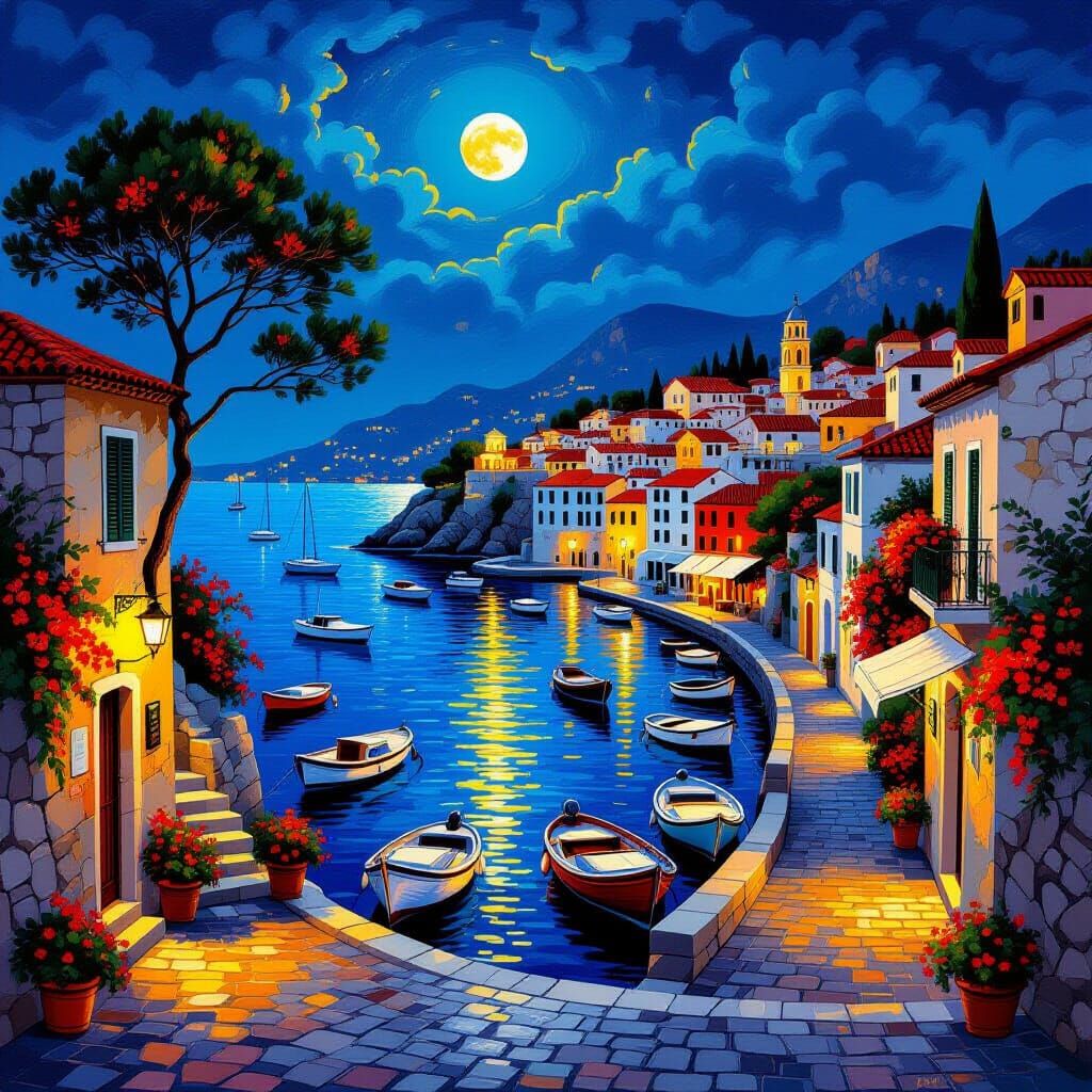 Mediterranean Harbor at Dusk with Full Moon