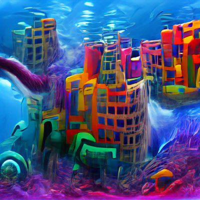 Abstract Underwater City with Giant Sea Creature
