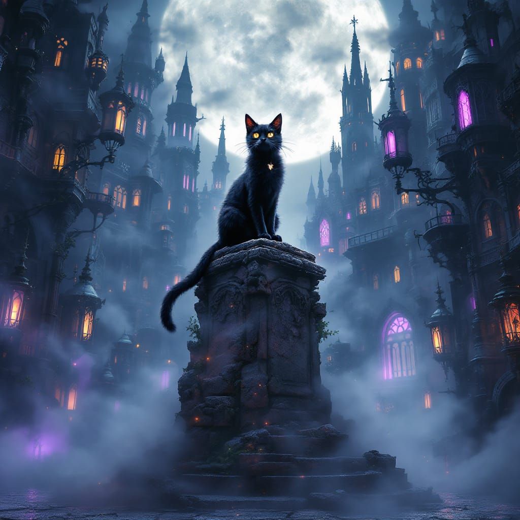 Mystical Chat Noir in Gothic Cityscape