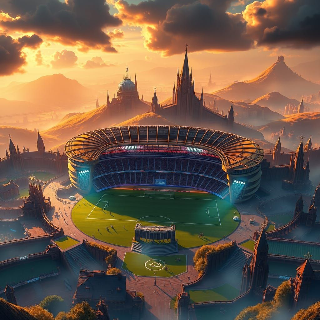 Dreamlike Soccer Stadium in a Fantastical Cityscape