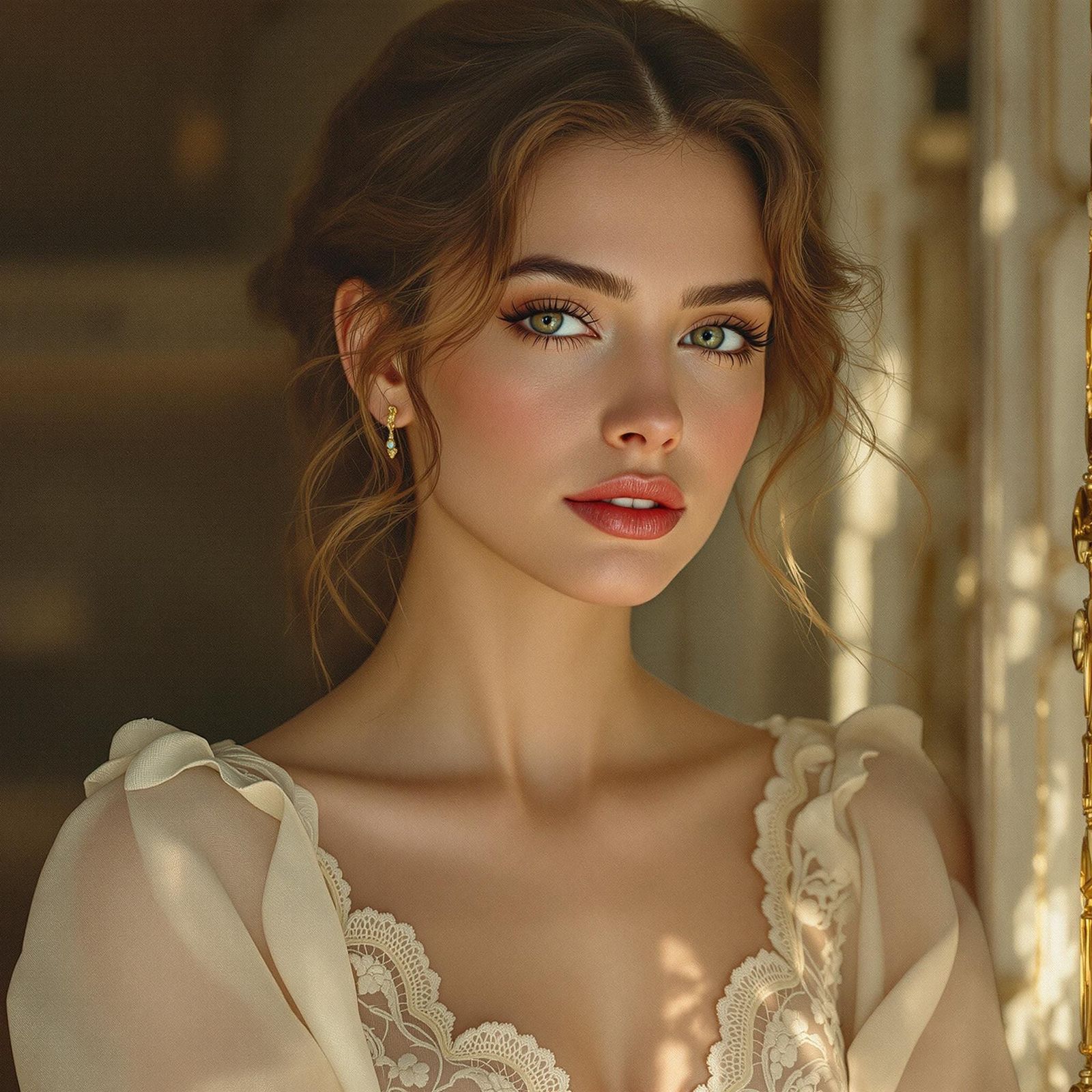 Classical Elegance with Soft, Billowy Blouse and Golden Ligh...