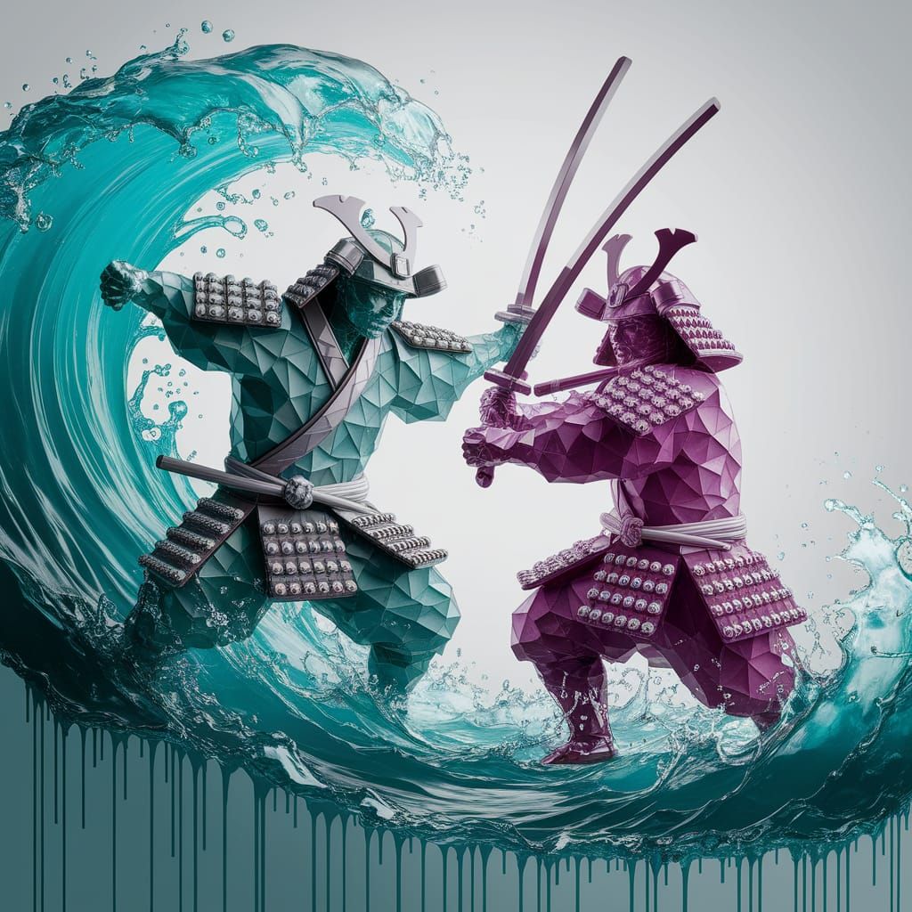 Samurais Clash in Sea Glass Amidst Dripping Paint Waves