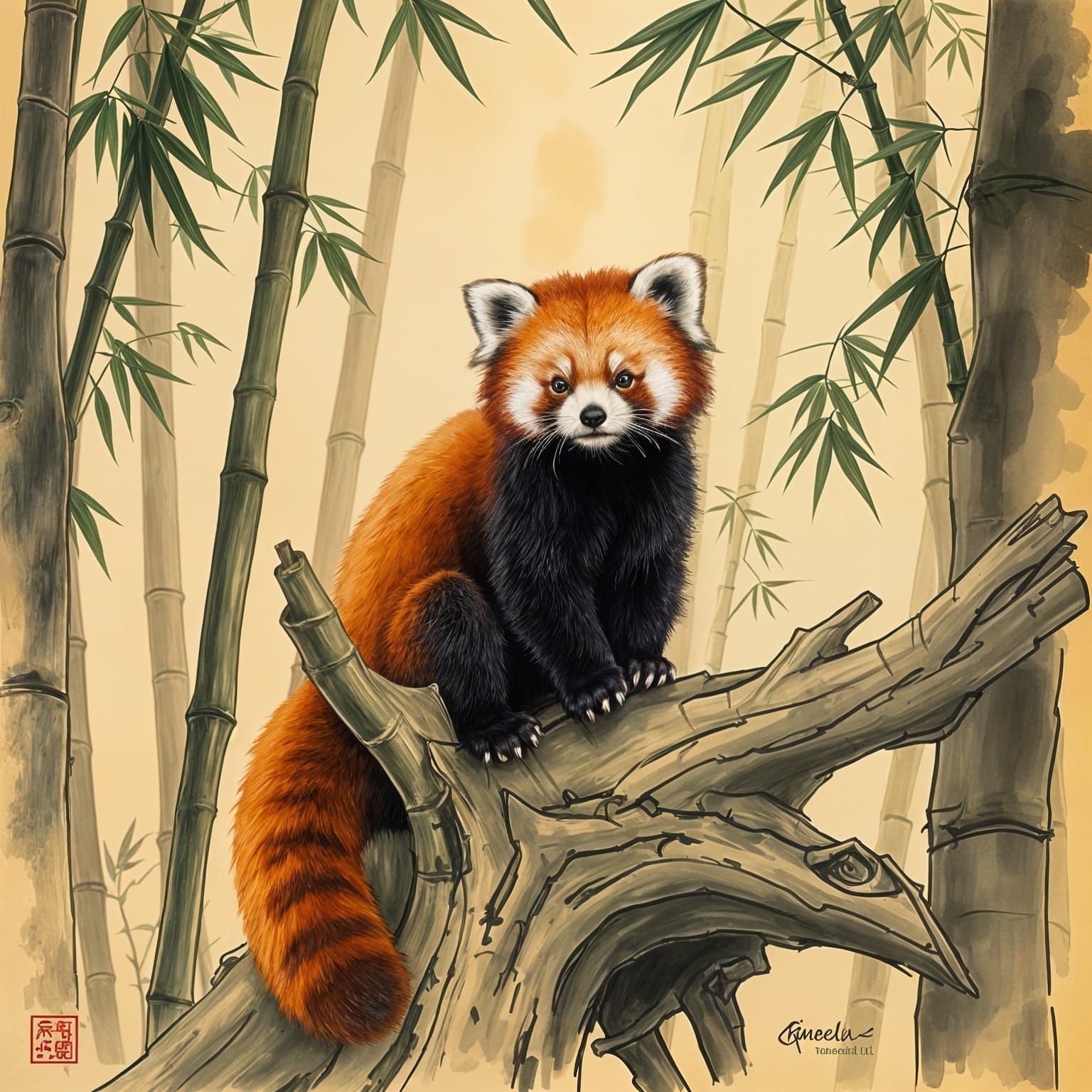 Majestic Red Panda in Bamboo Forest Drawing