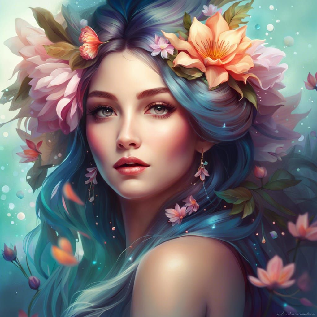 Floral Woman Portrait in Digital Fantasy Art Style