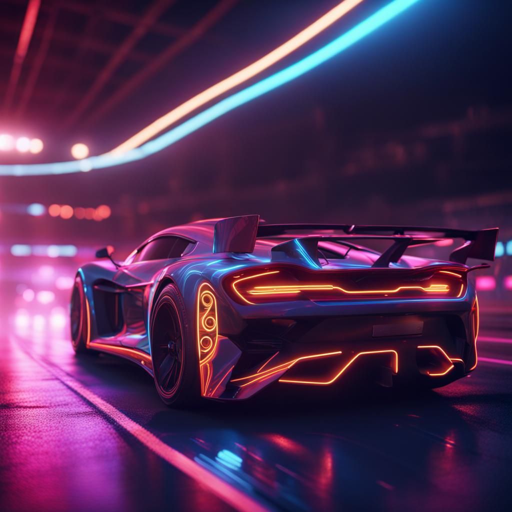 Electric Supercars Racing on Neon Race Track