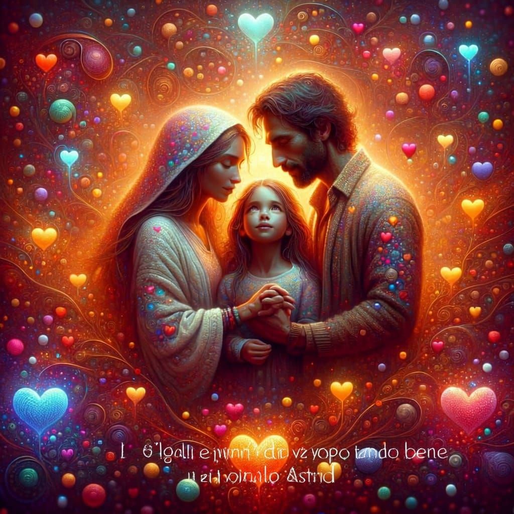 Family Embrace with Rainbow Hearts in Fantastical Matte Pain...