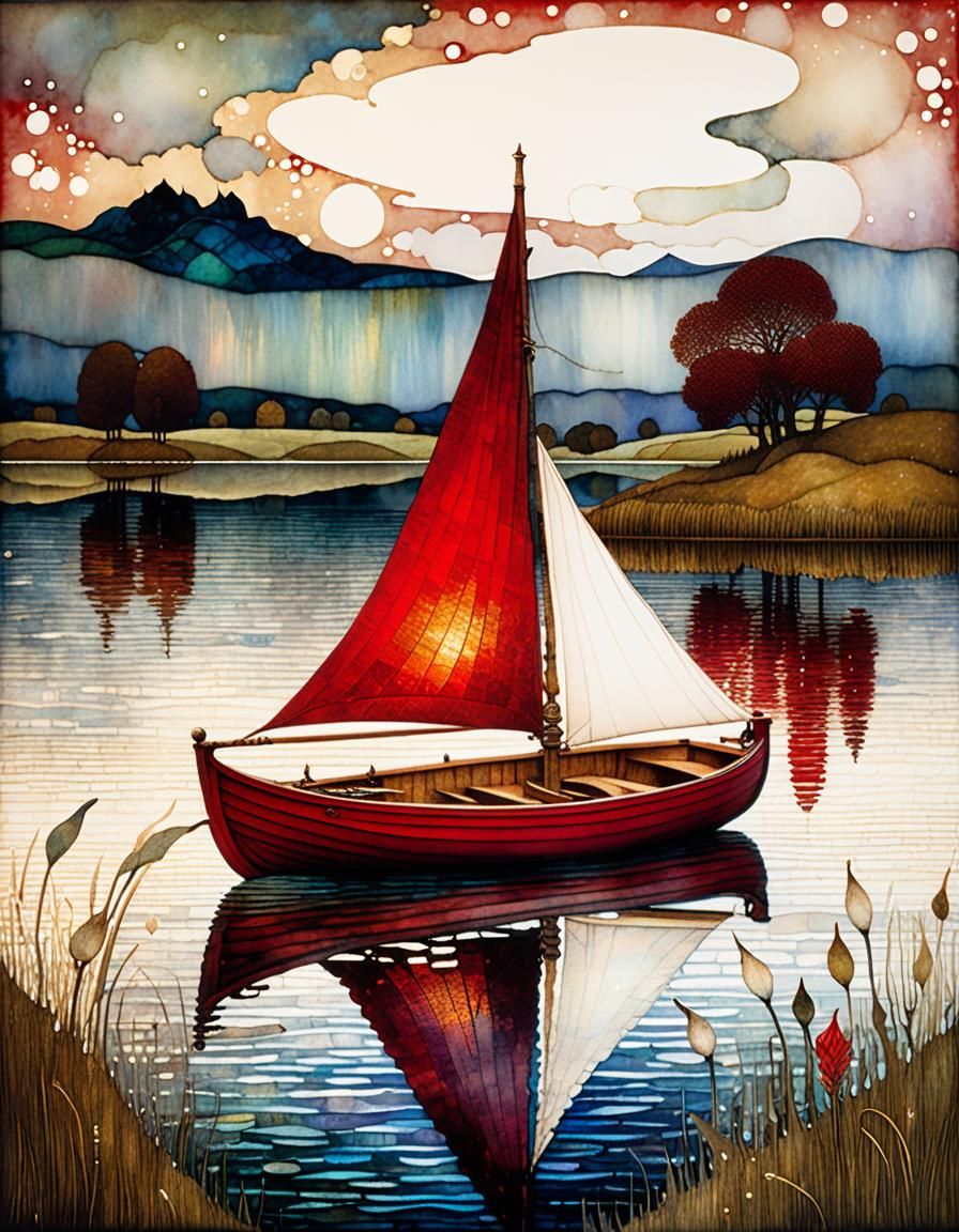 Red Boat on Lake at Night, Klimt-Inspired Art