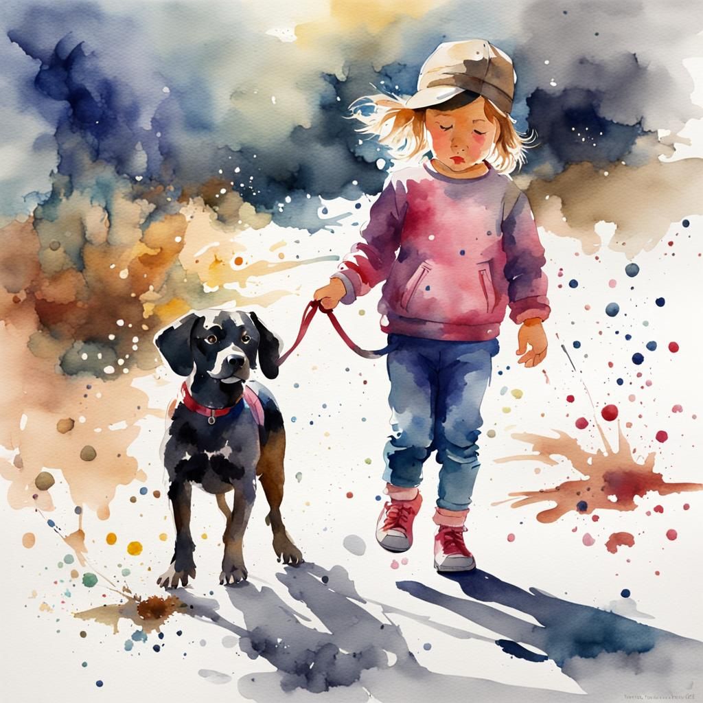 Girl and Dog Watercolor Painting with Splash Effect