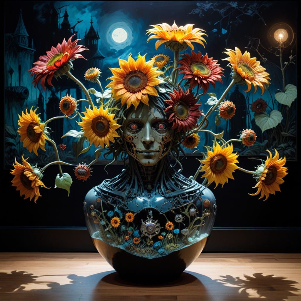 Steampunk Floral Tapestry with Hidden Mechanical Figures