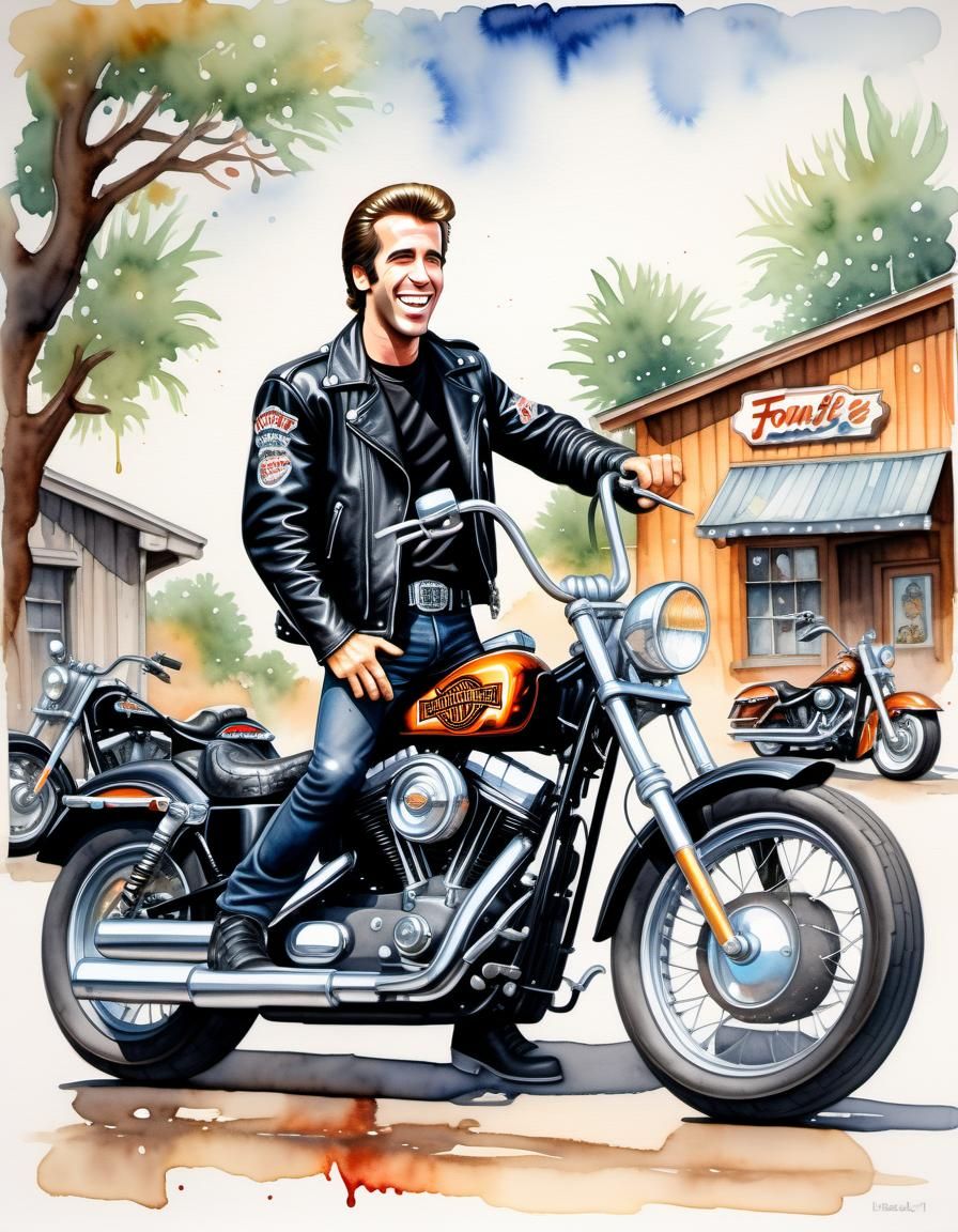 Cartoon Fonzie Laughing Beside Harley, Watercolor Masterpiec...