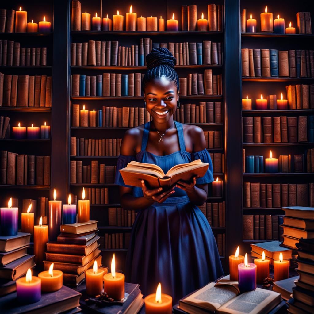 Girl Smiling Amidst Burning Candles and Books