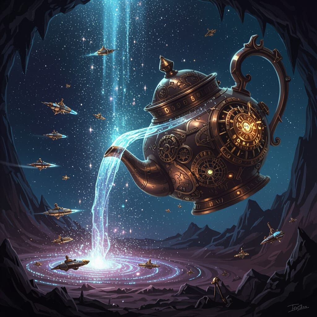 Sentient Teapot Pours Stardust into Void with Spaceships