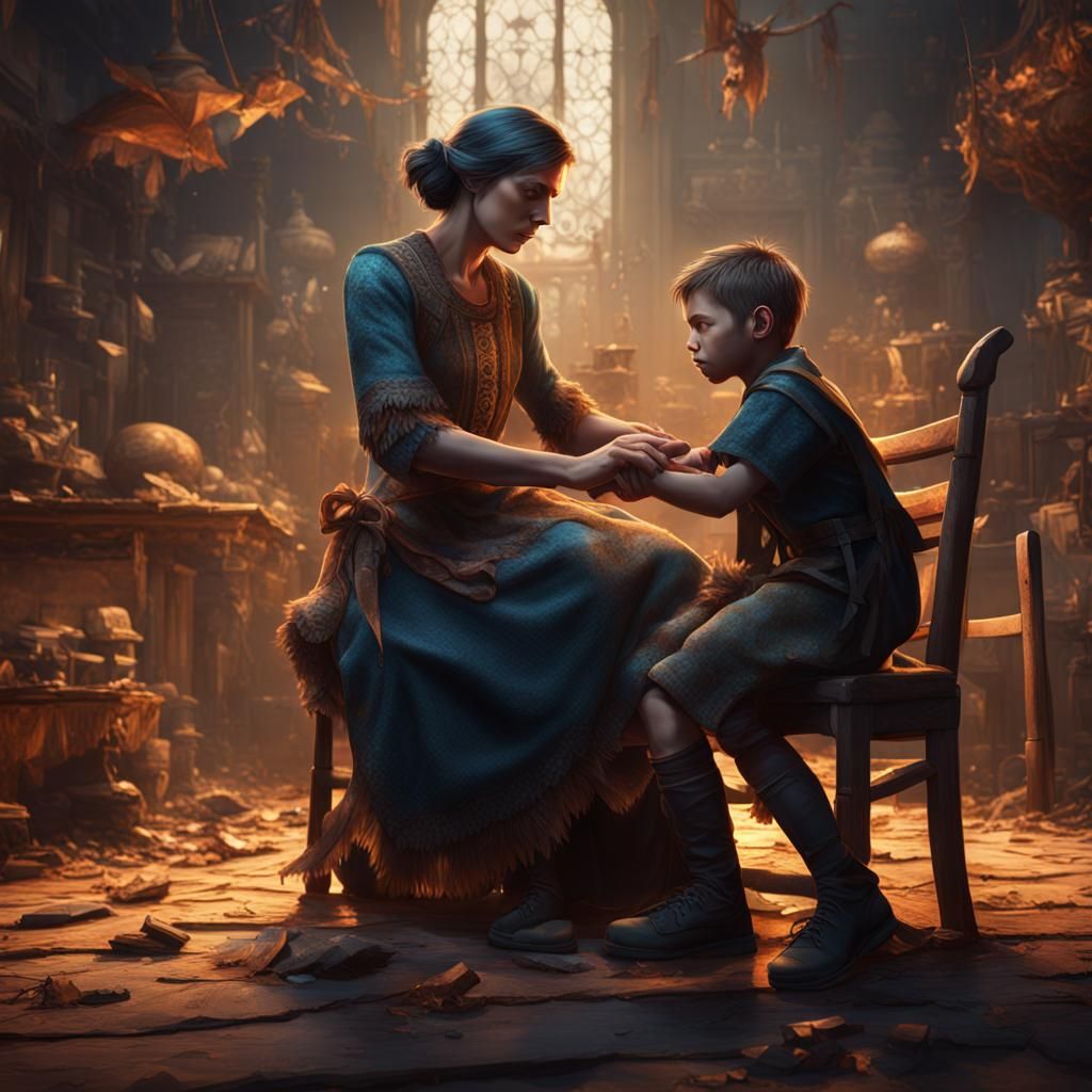 Mother Spanking Boy: Detailed Matte Painting