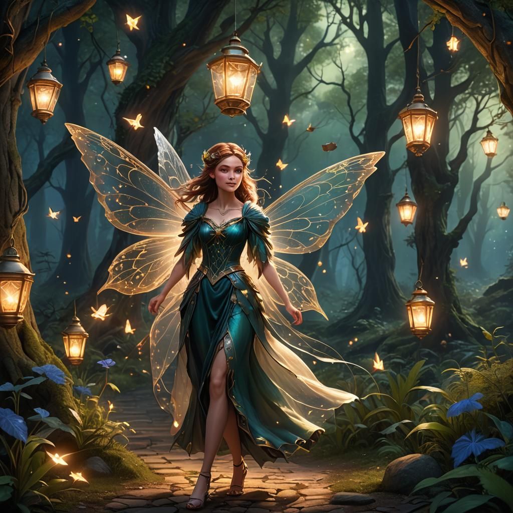 Fantasy Fairy with Lantern in Enchanted Forest