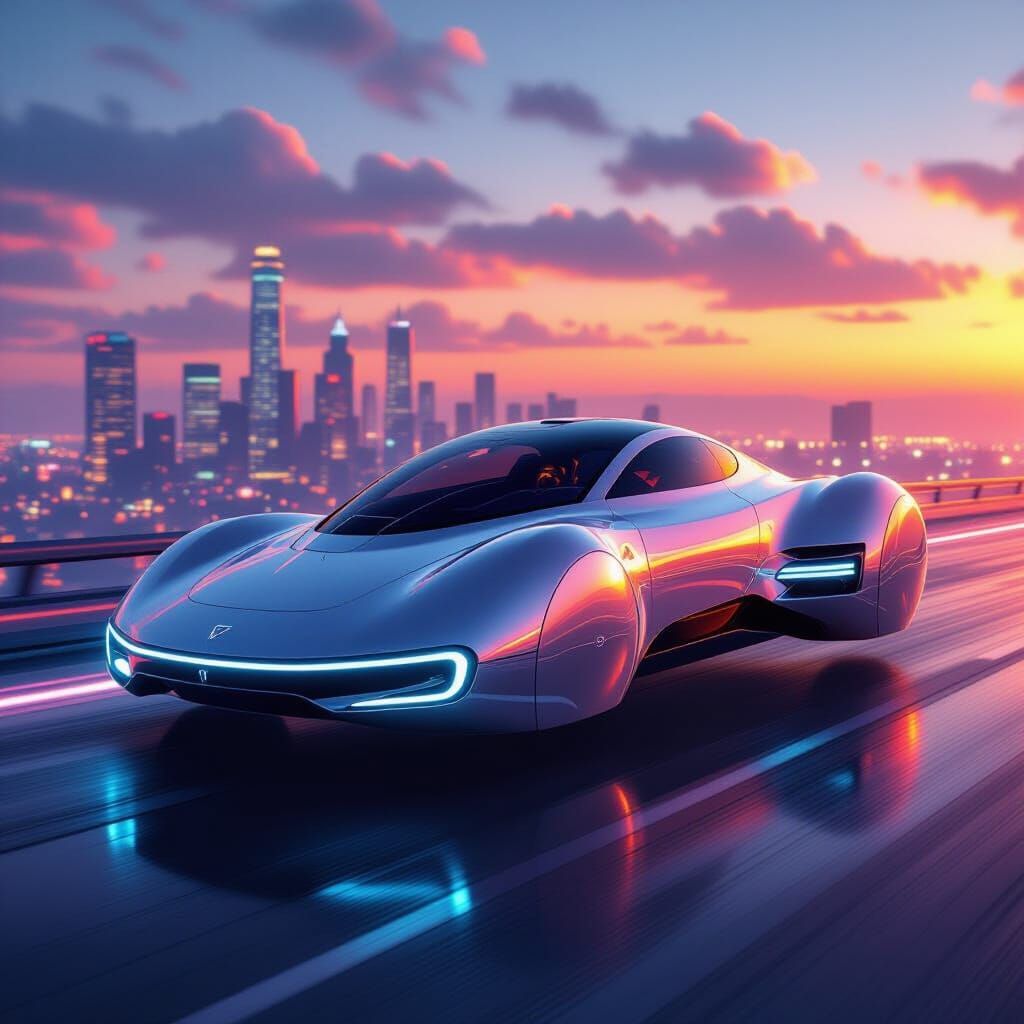 Chrome Hovercar Glides Above Neon City at Sunset