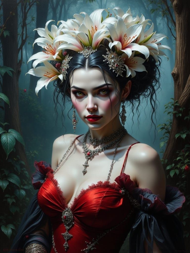 Hawaiian Vampire in Moonlit Forest, Art Nouveau Style