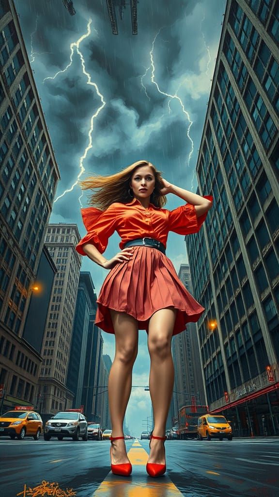Dramatic Woman Stands Defiantly in Stormy Street in Action P...