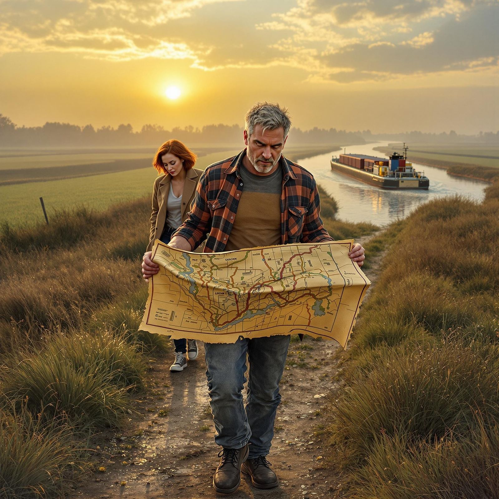 Dutch Countryside Dawn Scene with Confident Wanderer