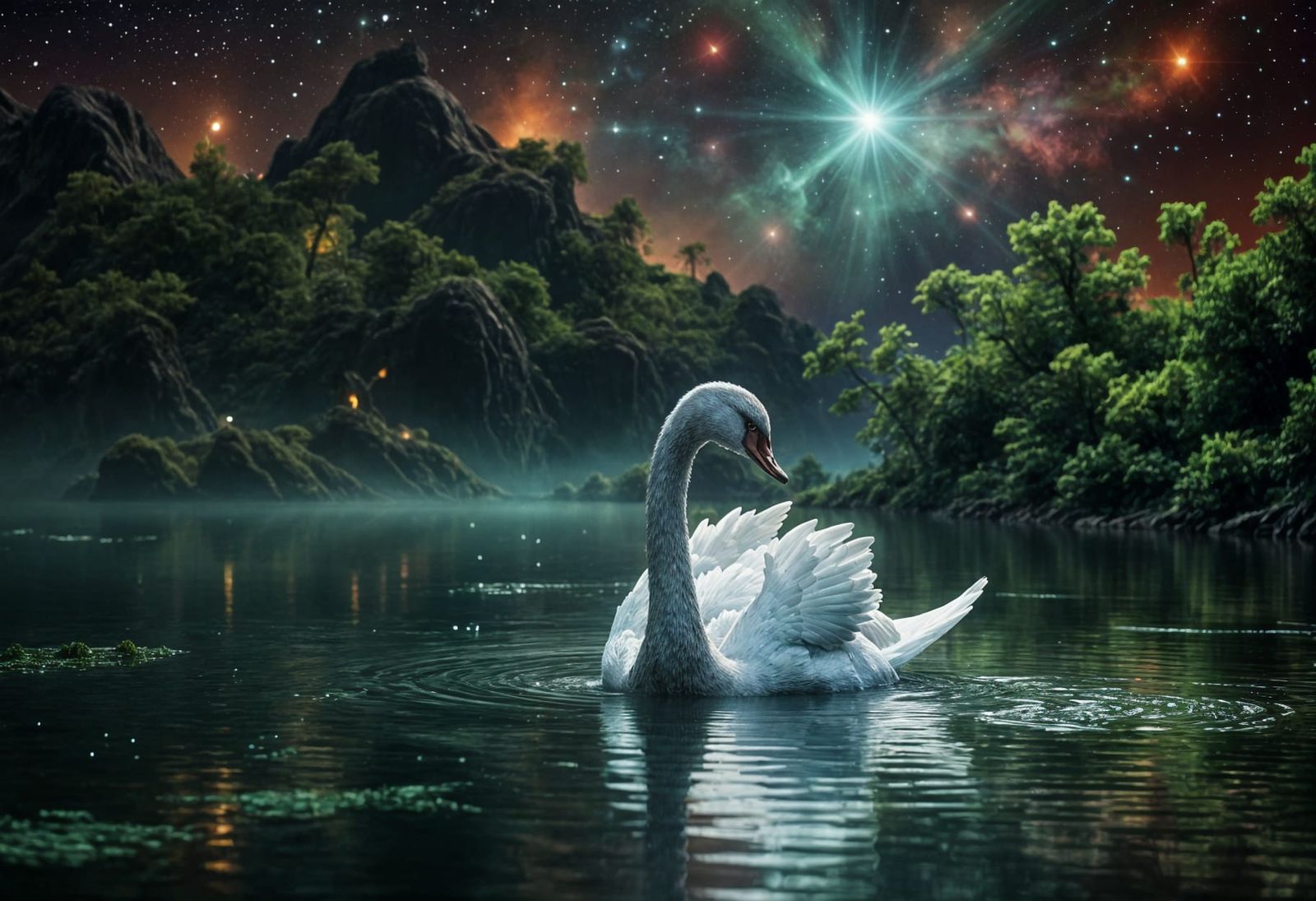Ethereal Crystal Swan in Alien Lake at Night