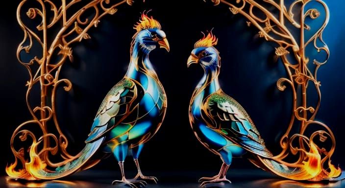 Surreal Metal Birds Emerge from Blazing Fire on Steel Trelli...