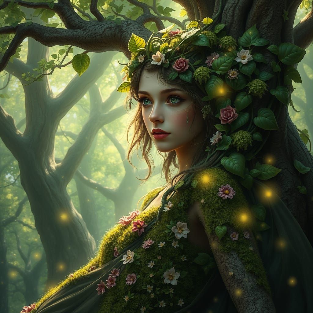 Serene Dryad in Sun-Dappled Forest