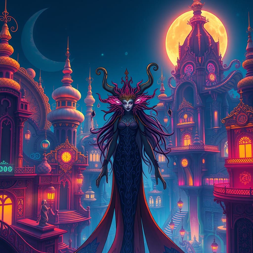 Mystical Sankyra in a Futuristic Cyberpunk Cityscape