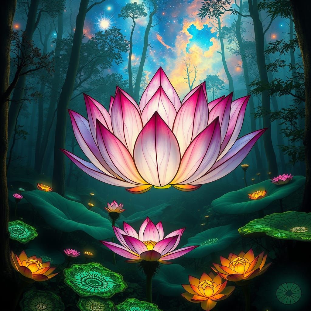 Ethereal Stained Glass Lotus Blooms Amidst Celestial Forest
