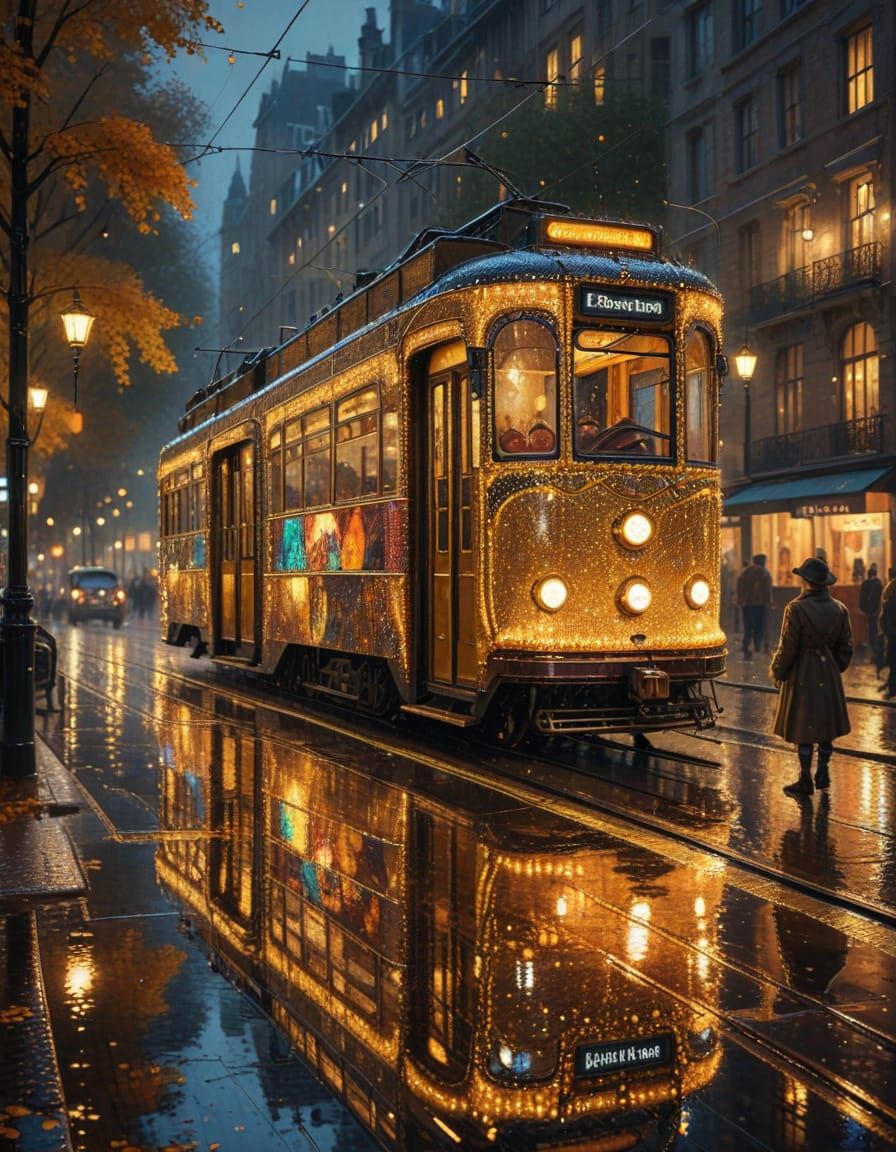 Glowing City Tram Under Autumn Rain