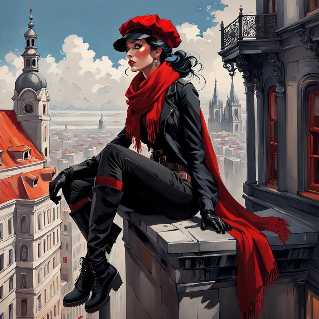 Gothic Woman on Building Edge Ink Illustration