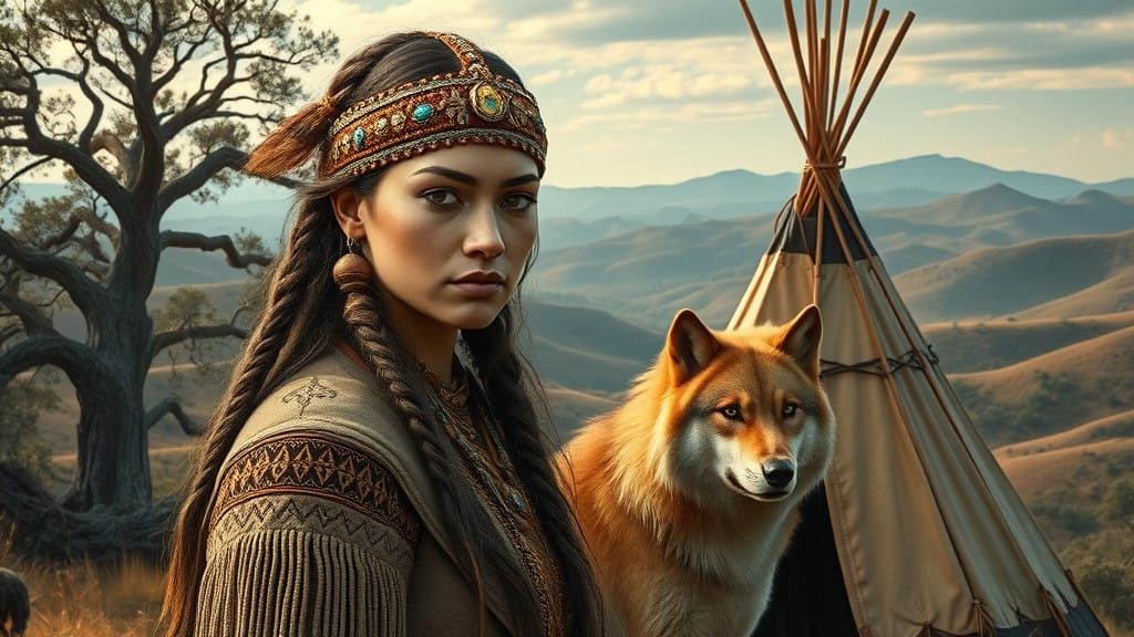 Regal Native American Woman Surrounded by Majestic Golden Wo...