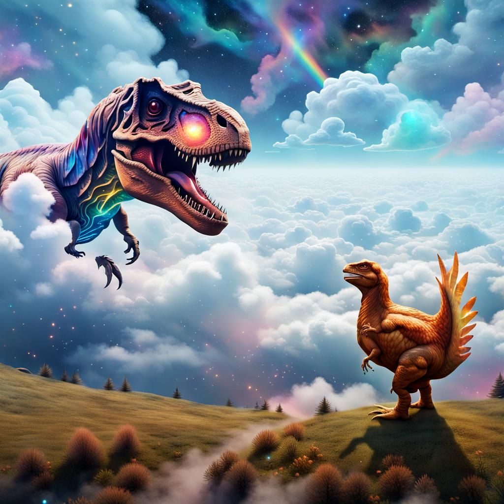 A T-rex reminding a chicken where it comes from