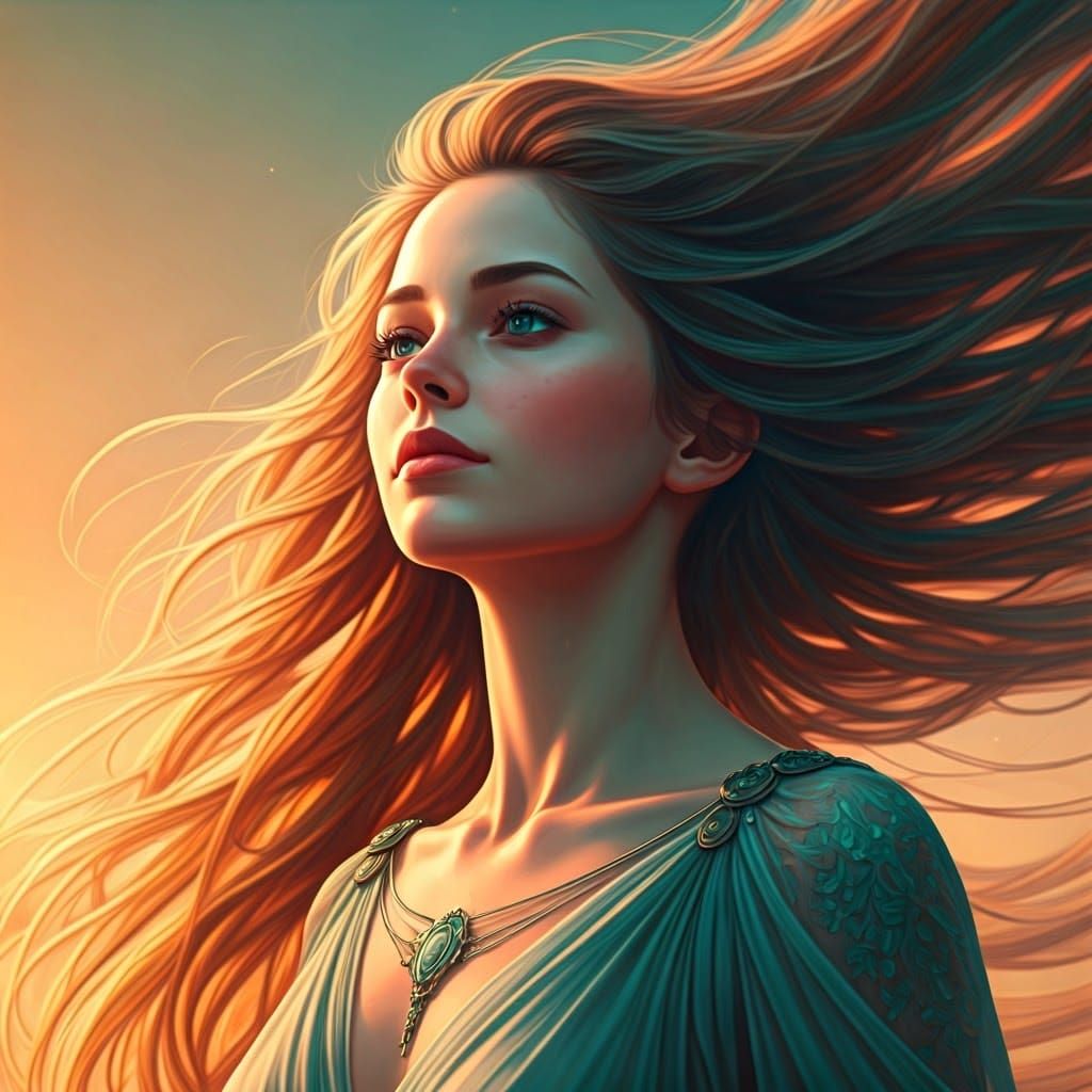 Ethereal Woman with Windswept Hair in Golden Light