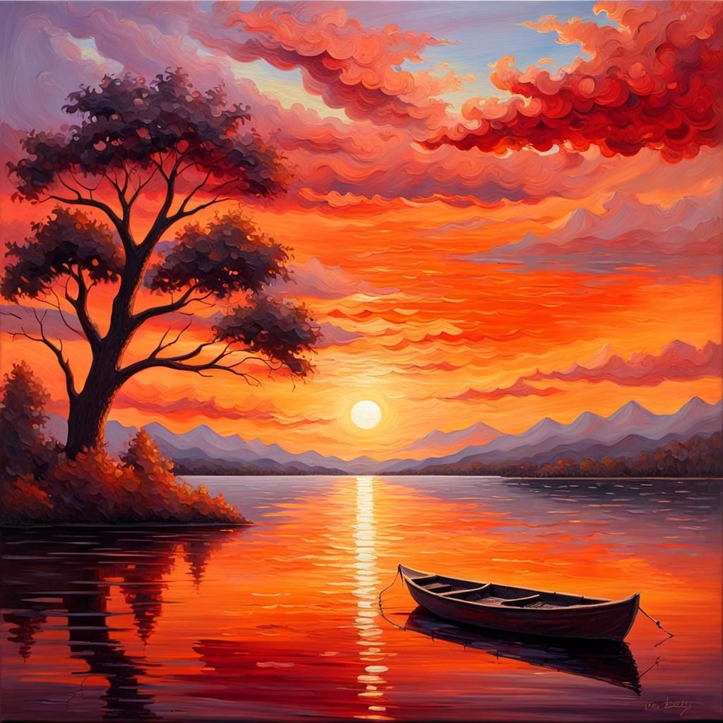 Sunset Lakeside Scene as Textured Oil Painting