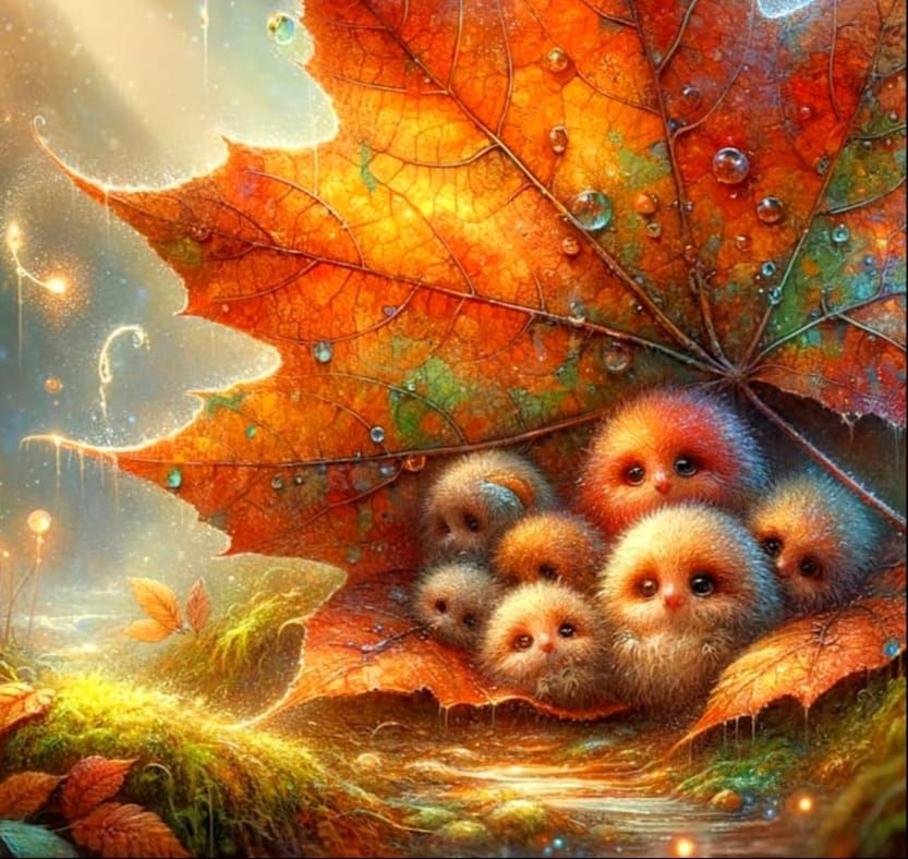 Whimsical Watercolour Autumn Leaf Scene with Fluffy Creature...