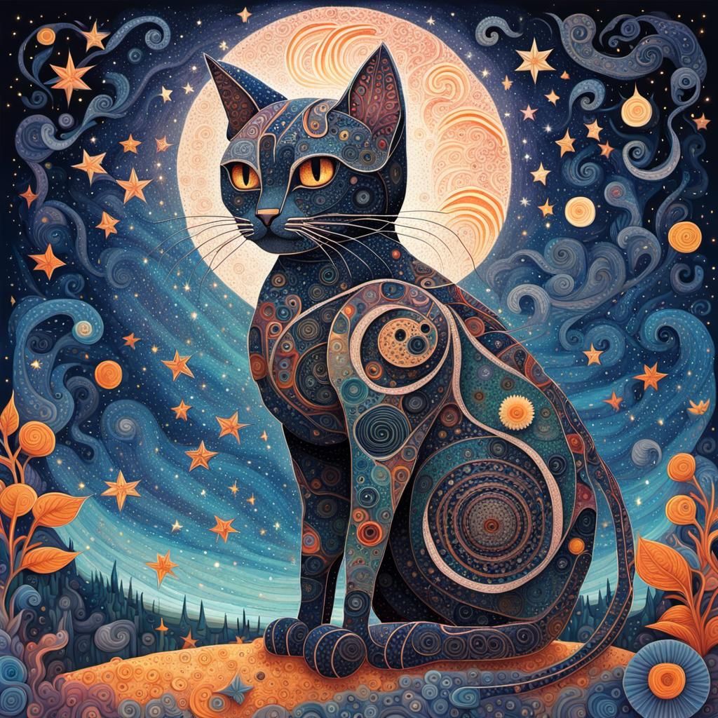 Mechanized Zentangle Cat in Starry Night Collage