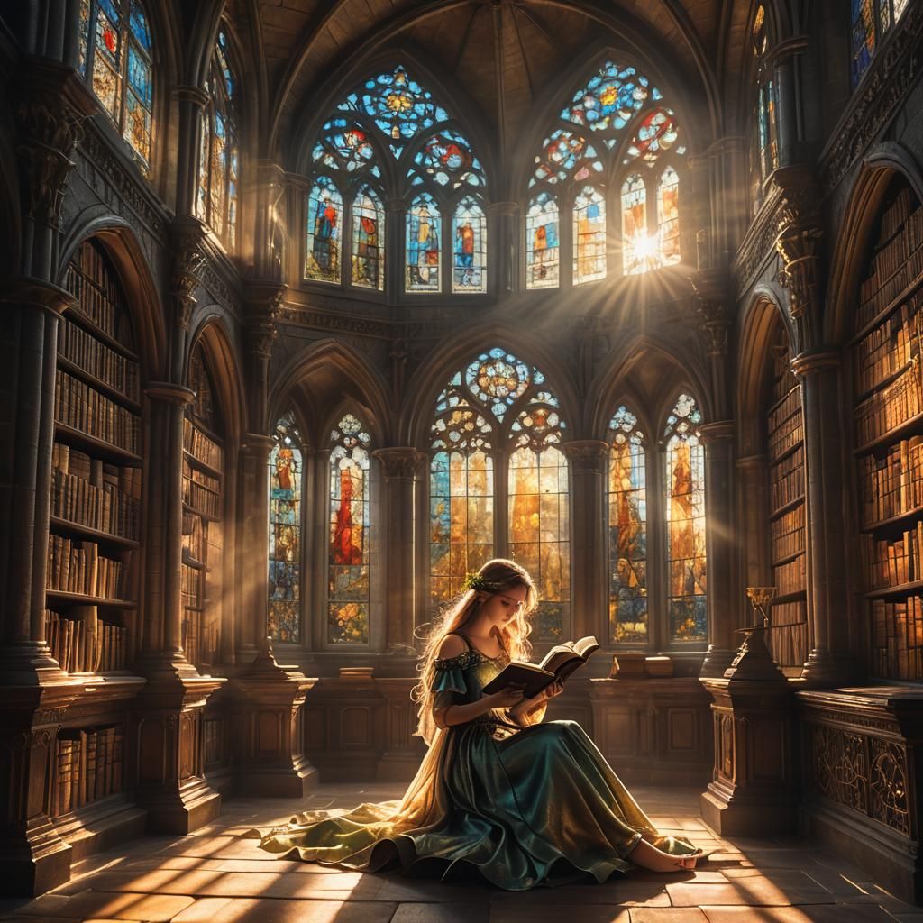 Fairy Reading in Sunlit Castle Library