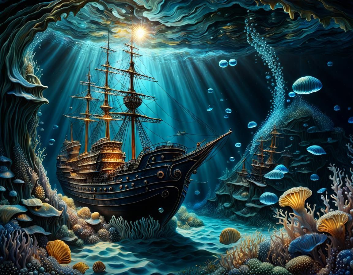 Underwater Shipwreck Impasto Painting with Light Rays