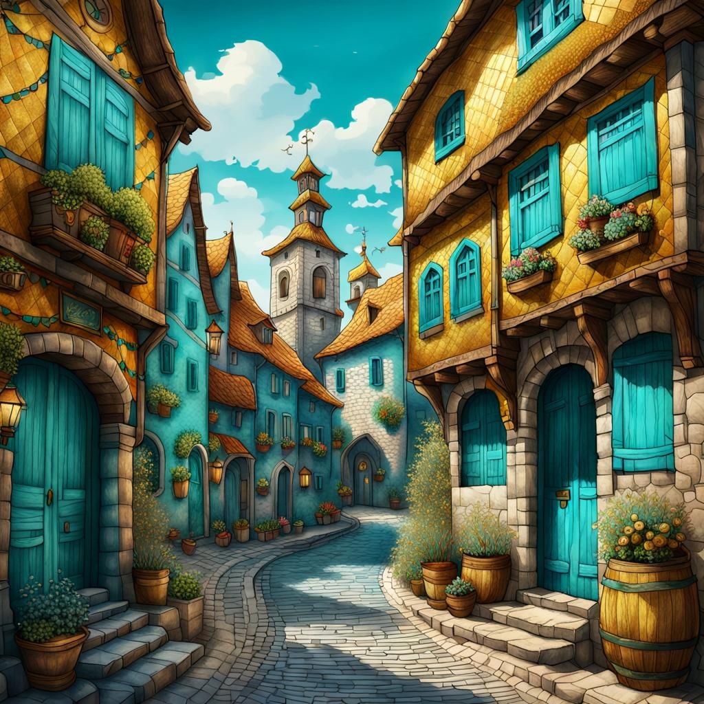 Quilted European Village Street in Watercolor Style