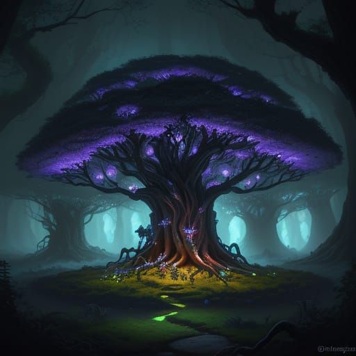 Enchanted Oak Tree with Glowing Fruits and Fungi in Magical ...