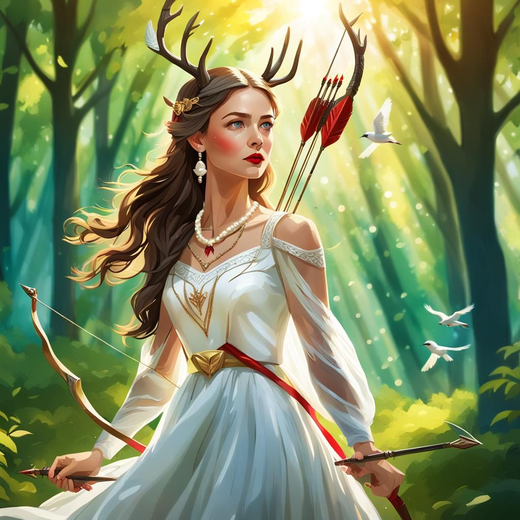 Archer Woman in Forest with Bow and Arrow