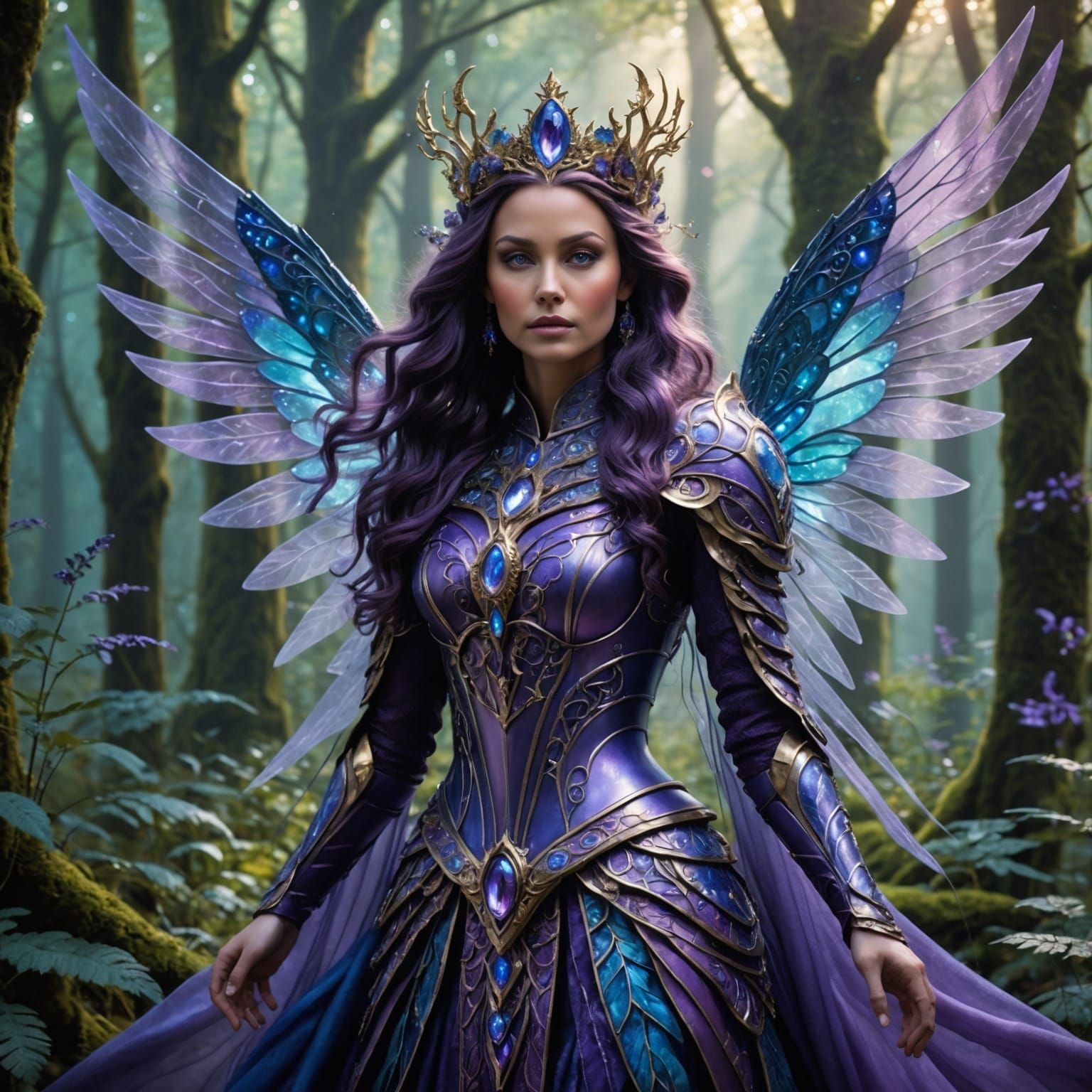 Mystical Queen with Glowing Wings in Ethereal Forest