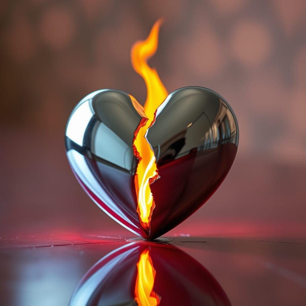 Polished Chrome Heart Shattered in Fiery Reflection