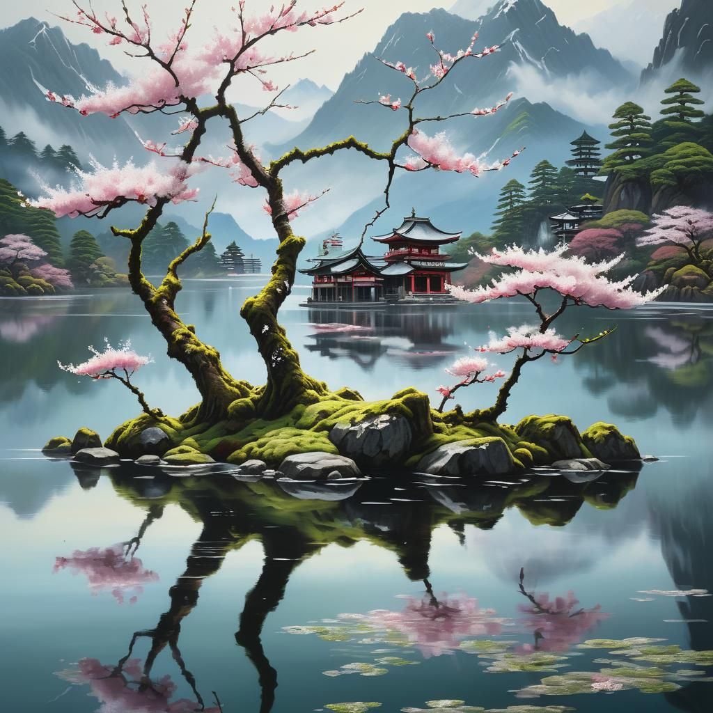 Cherry Blossom Reflected in Lake: Fantasy Concept Art