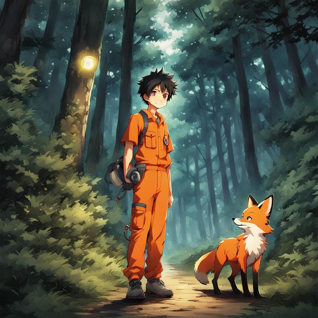 Search Rescuer Walks Fox in Evening Forest: Anime Style