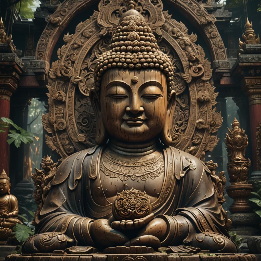 Wooden Buddha Statue in Temple, Detailed Digital Art