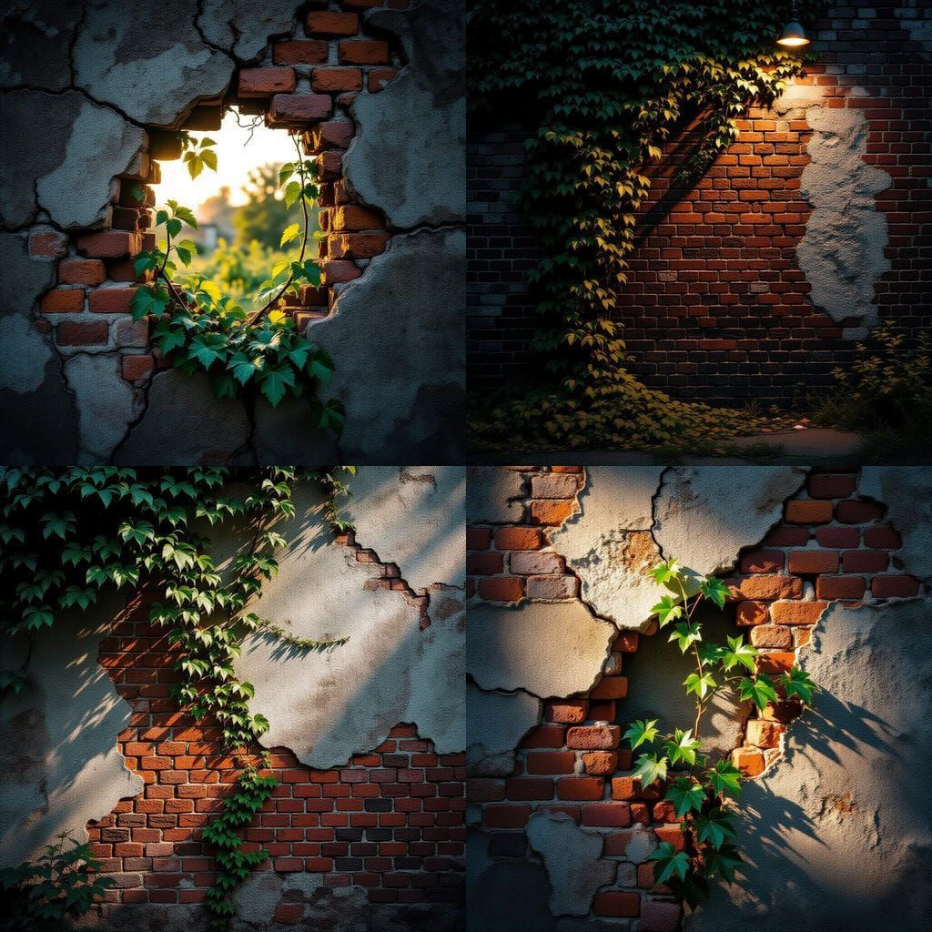 Vines Emerge from Dilapidated Brick Wall: Cinematic Still