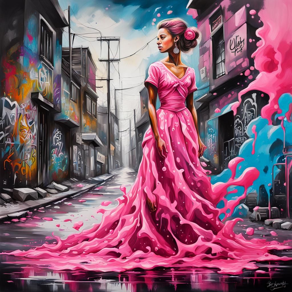 Lady in Pink Dress as Graffiti Art