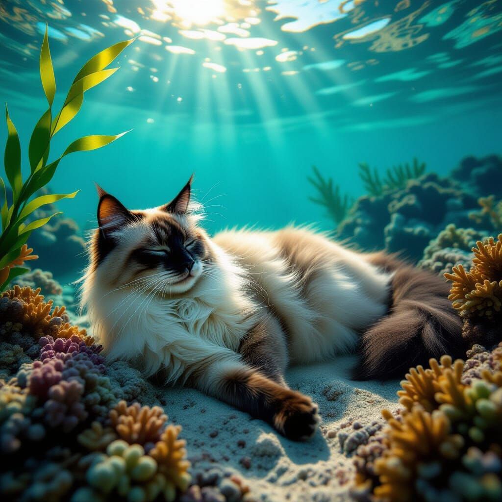 Siamese Cat on Ocean Floor with Coral and Kelp