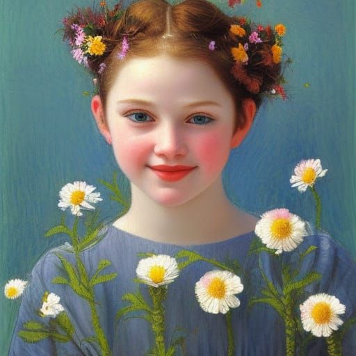 Beautiful Princess with Flowers, Oil Painting Style